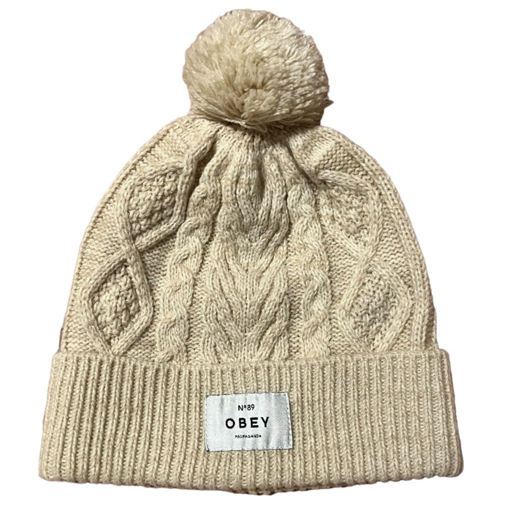 Obey Cream Cuffed Pom Pom Knit Beanie